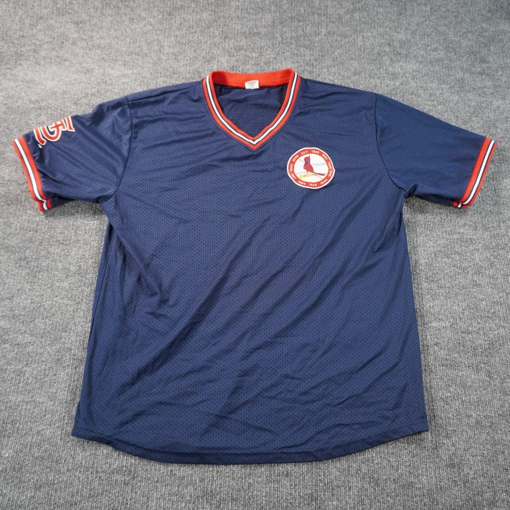 St. Louis Cardinals Jersey Shirt Mens XXL Navy Blue World Series Patch V-Neck